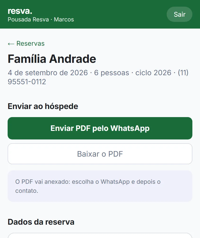 A tela de uma reserva no resva., com o botão de enviar o comprovante em PDF pelo WhatsApp.